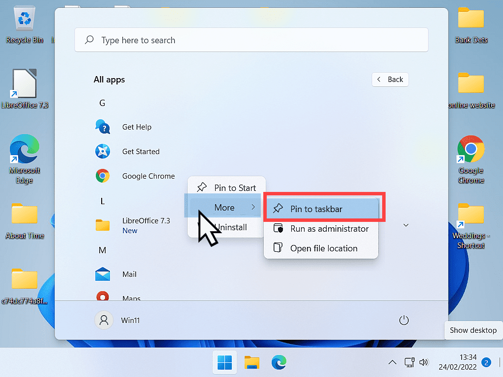 More and Pin to taskbar marked on Windows 11 options menu.