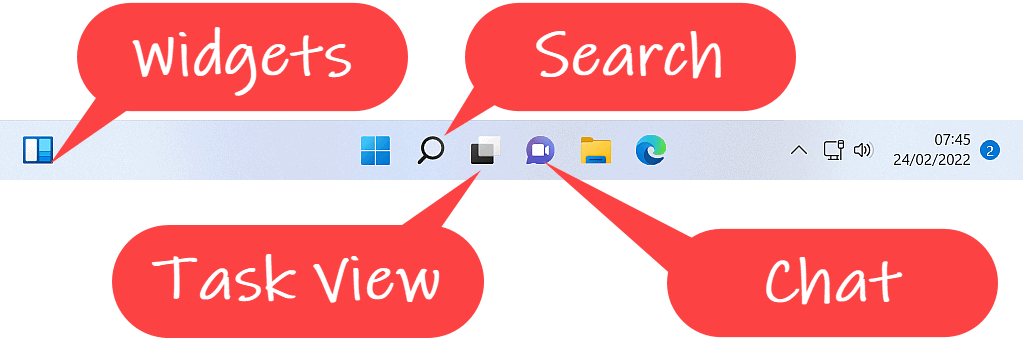 Widgets, Search, Task View and Chat icons indicated with callouts.