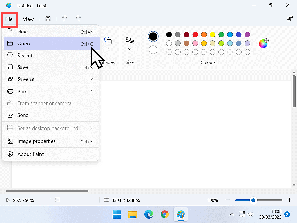 In MS Paint the File button has been clicked. Open is selected