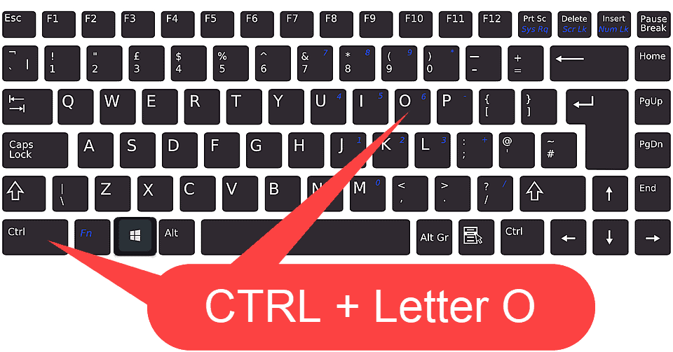 A standard UK layout keyboard. CTRL and the letter O are indicated by a callout.