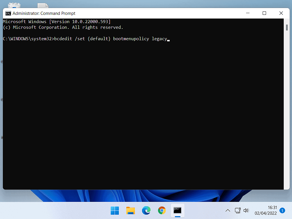 bcdedit /set {default} bootmenupolicy legacy typed into Command Prompt window to enable F8 key for Safe Mode