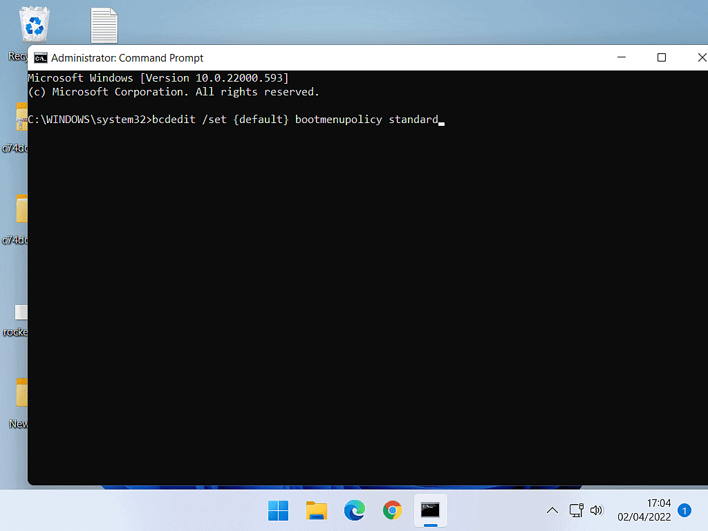 bcdedit /set {default} bootmenupolicy standard displayed in Command Prompt