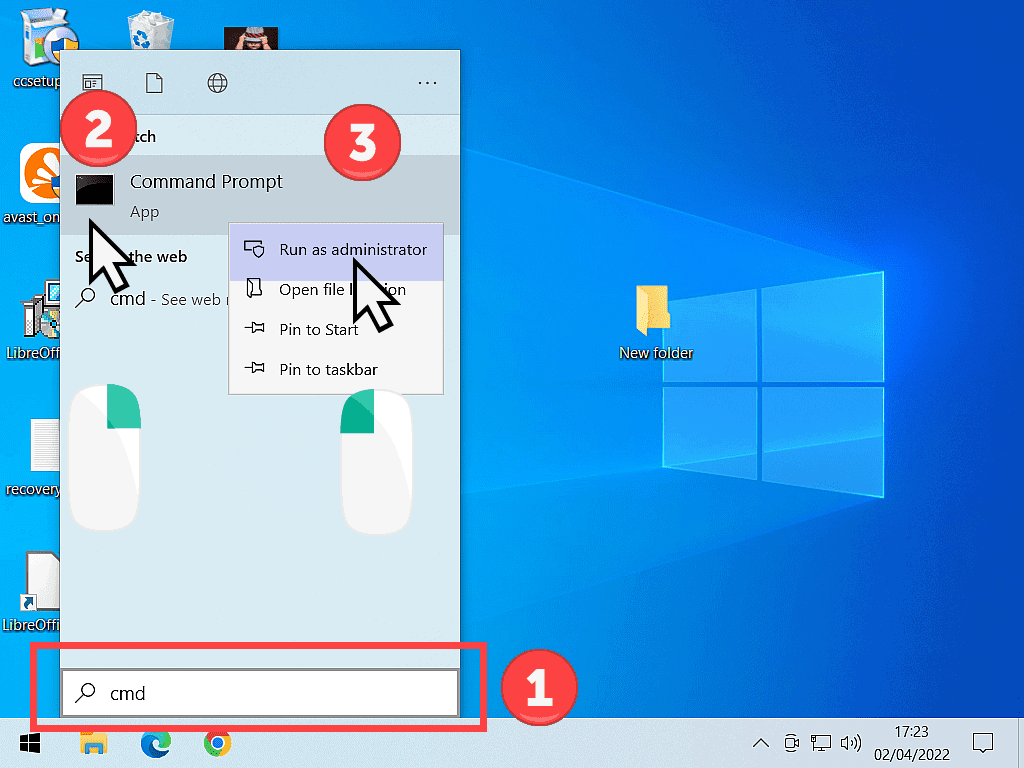 Windows 10 start menu open. Command prompt visible. Run as administrator highlighted