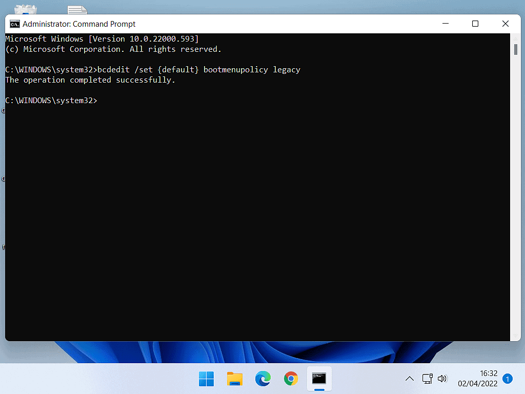 Command Prompt showing the operation completed successfully. F8 key enabled