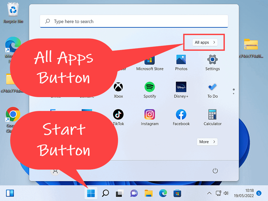 Windows 11 start menu open. Start button and All Apps button are indicated.