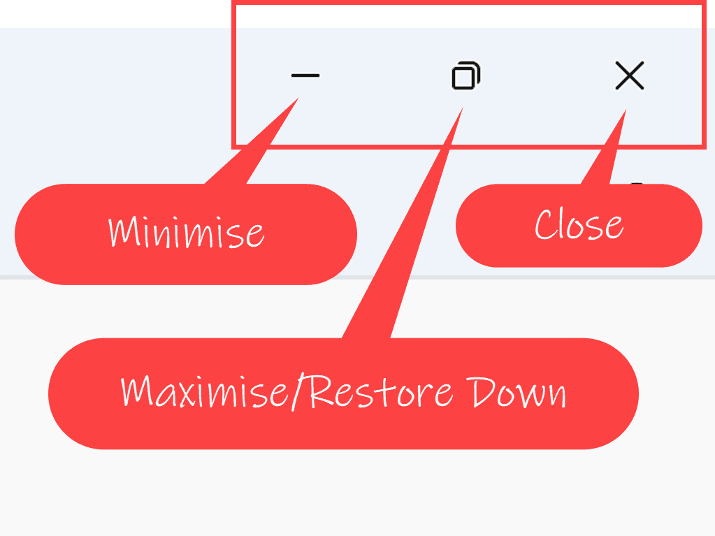 How to resize or move a program window. The Minimis, Maximise and Close buttons are indicated by a Callout.