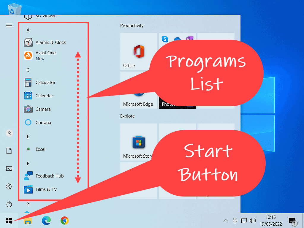 Start menu open in Windows 10. Start button and  Programs List are indicated.