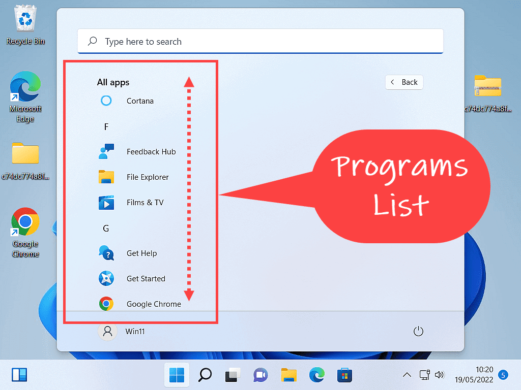 Windows 11 All Apps list indicated by callout