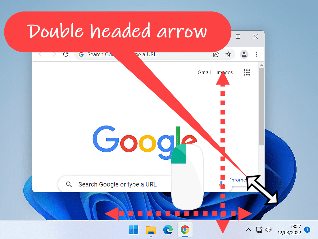 Callout points to double headed arrow. Dotted line indicates resize window in all directions.