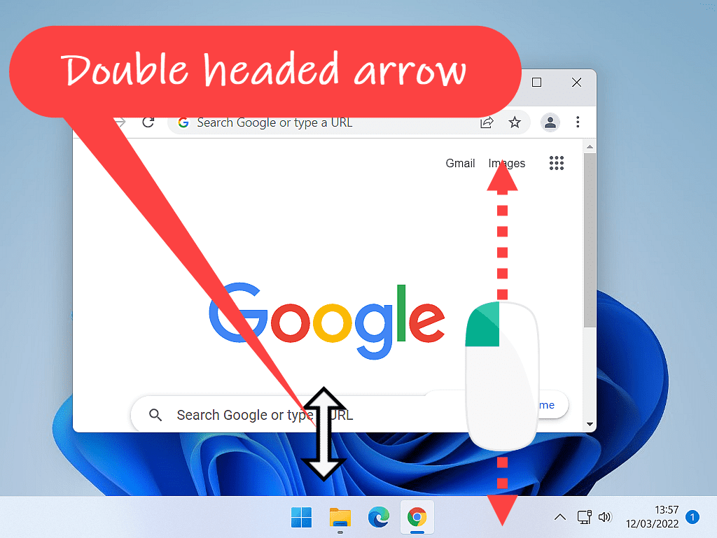 Callout points to double headed arrow. Dotted line indicates resize window vertically.
