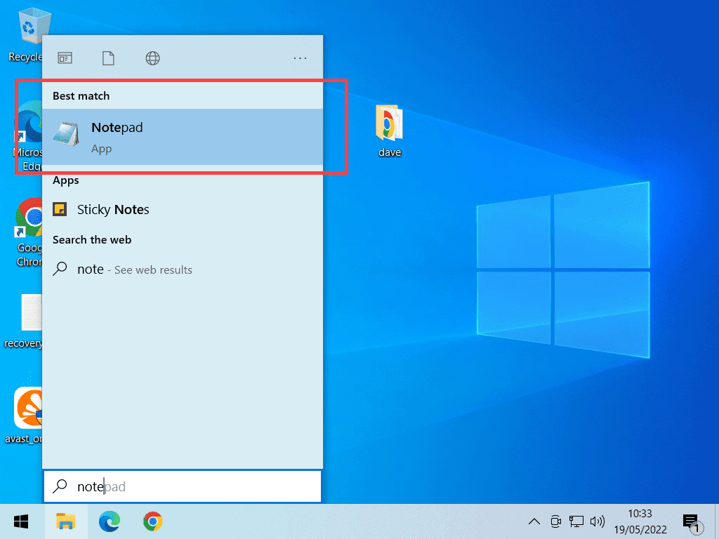 Notepad has been typed into Windows 10 search box. It is indicated at the top of the search results list.