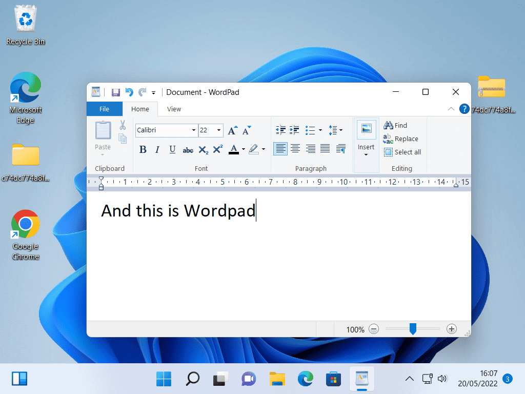 Wordpad is open and 