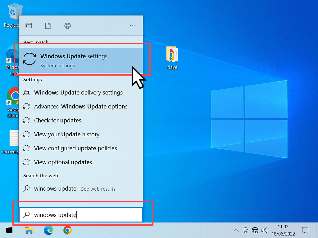 Windows 10 Start menu open. Windows update entered into search box.
