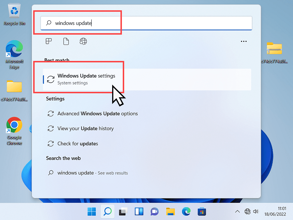 Searching for Windows update in Windows 11.