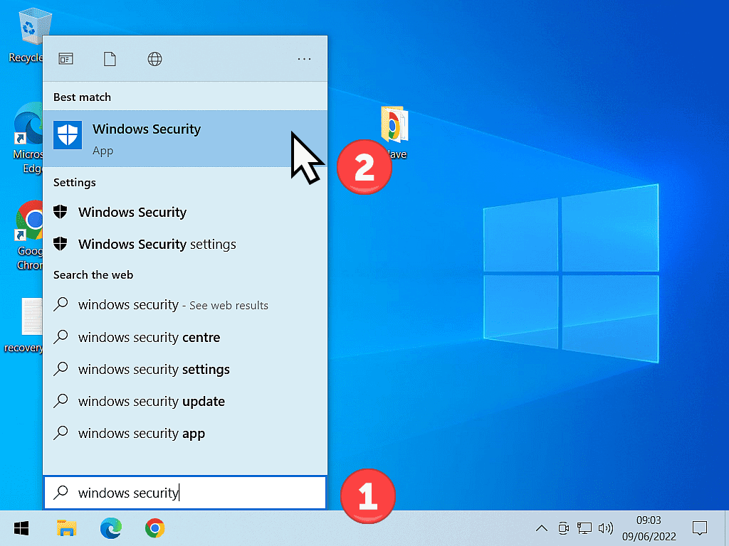 Windows Security typed into search box and displayed in serach results in Windows 10.