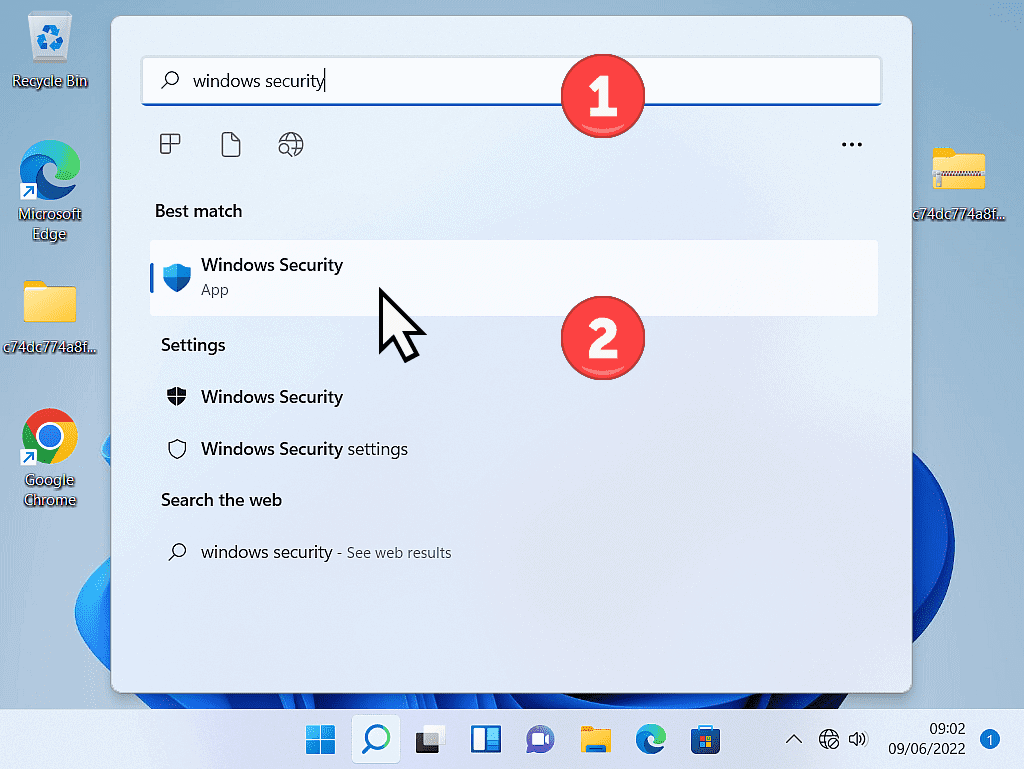 Windows 11 start menu open. Windows Security has been typed into search box and is highlighted in results.