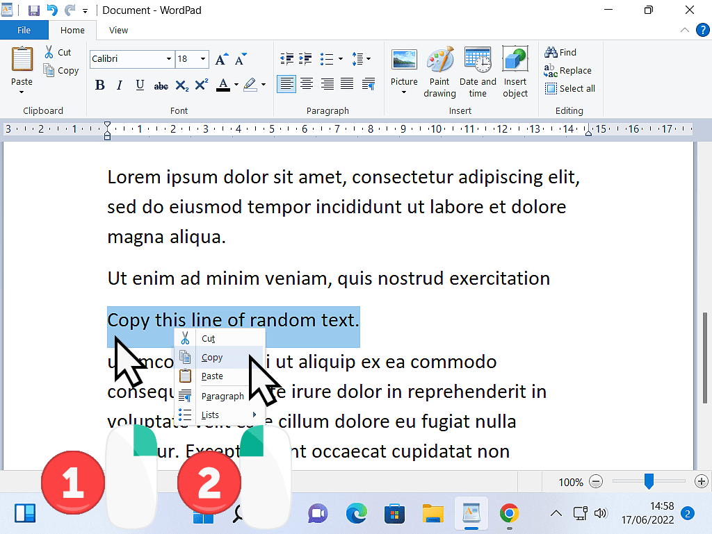 Line of text selected (highlighted). Options menu open and Copy is indicated.