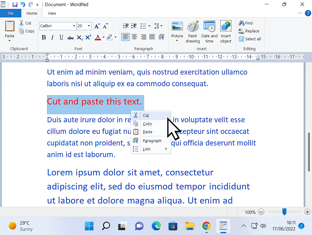 Text selected (highlighted). Context menu open and Cut is indicated. on the menu.