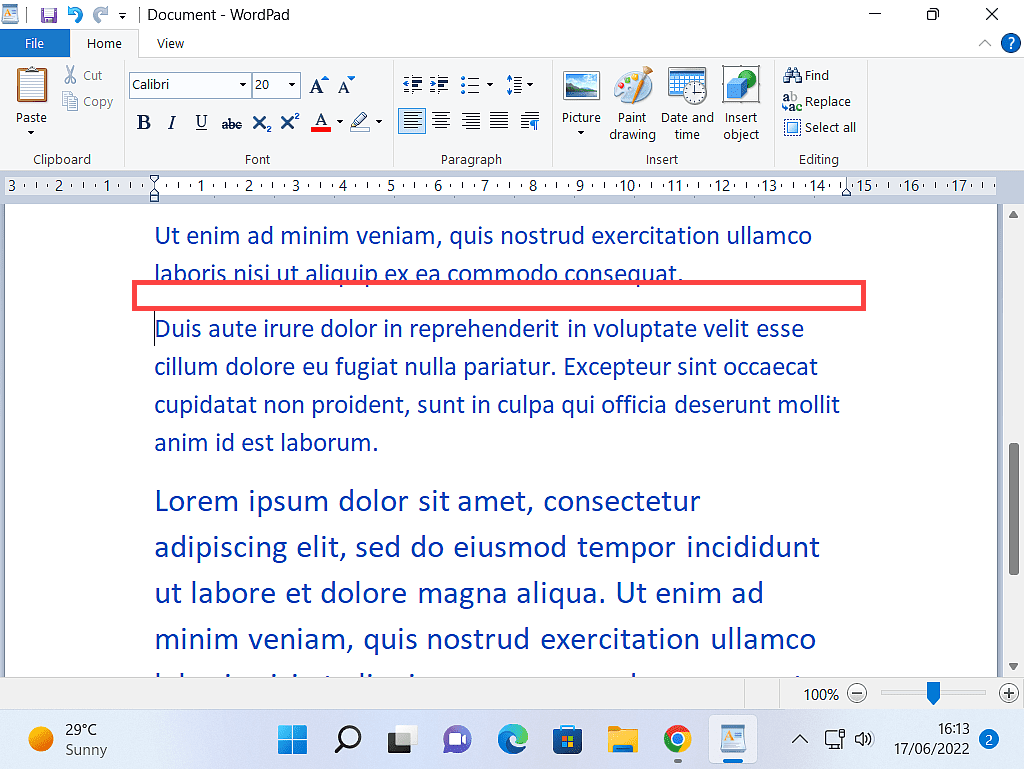 Document that has had a line of text Cut from it. A small red box indicates where the text was before being cut.