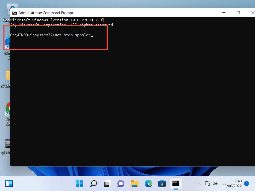 "Net stop spooler" typed into Command Prompt window.