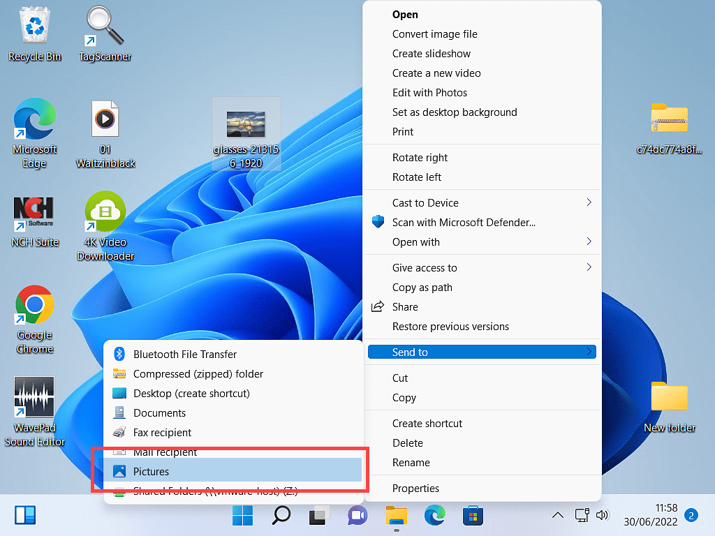 Pictures folder is highlighted on the Send To menu.