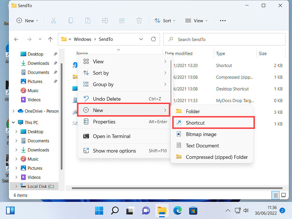 Context menu is open. New and Shortcut are both indicated.