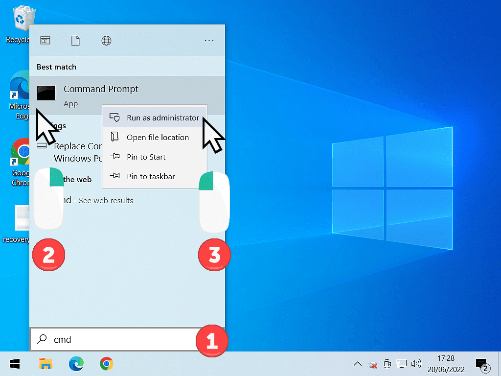 Options menu open and "Run as administrator indicated in Windows 10.