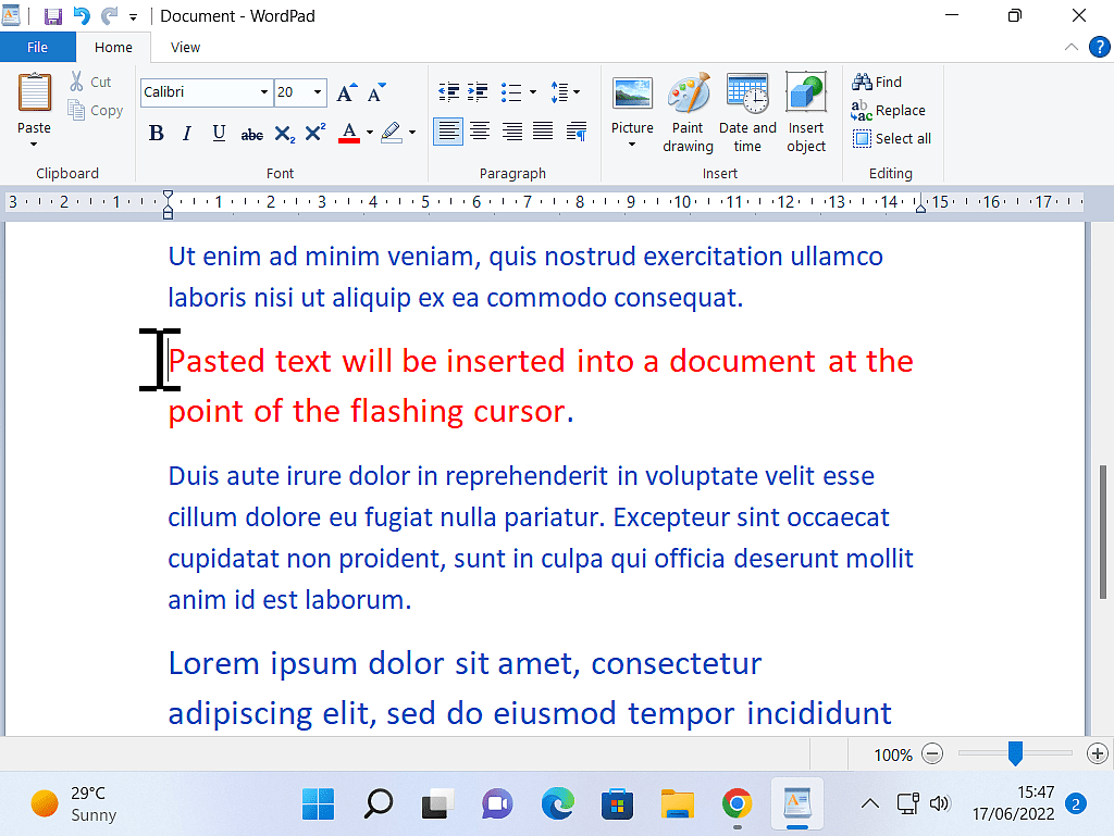 Text being pasted into a document next to the flashing cursor which is highlighted