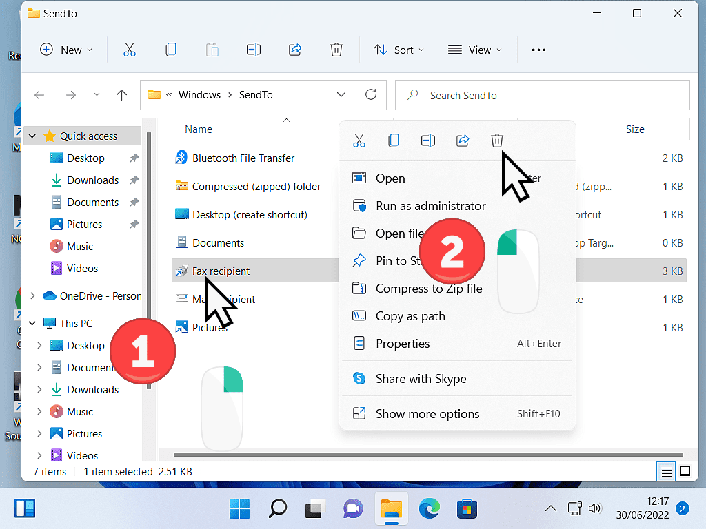 Shortcut in Sendto folder selected. Delete is highlighted.