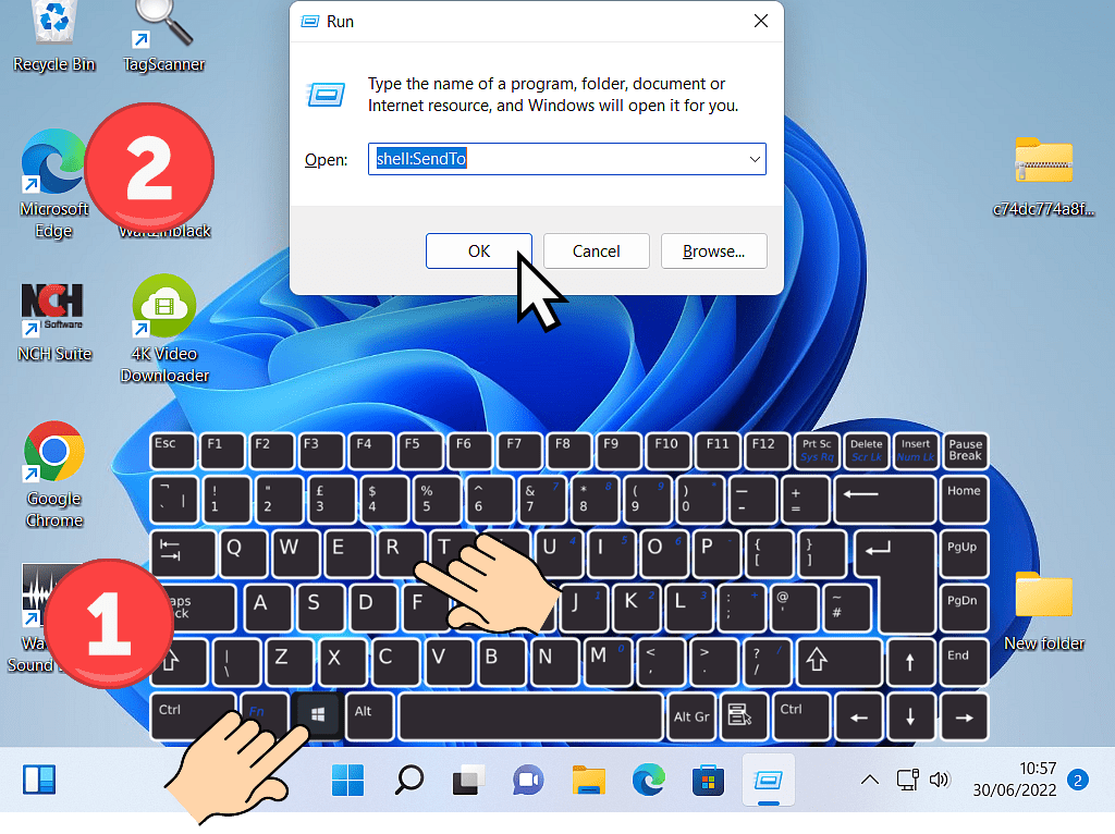 Keyboard with the Windows key and letter R indicated. Also shows the Run dialogue box.