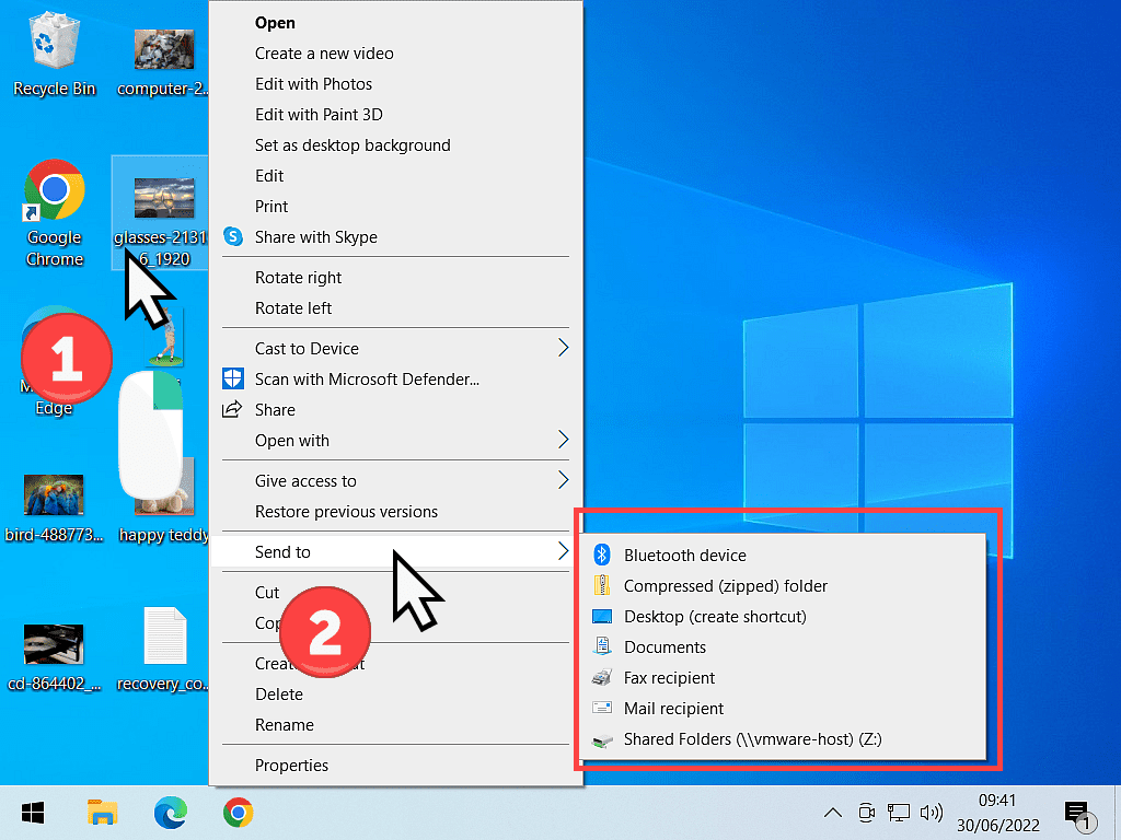 Right click options menu open in Windows 10. Send To option highlighted.