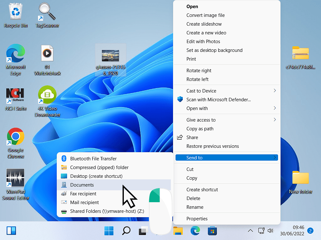 Documents folder highlighted on context menu.