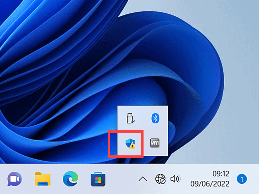Windows Security/Defender sheild icon marked in Hidden icons area.