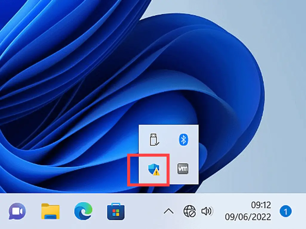 Windows Security/Defender sheild icon marked in Hidden icons area.