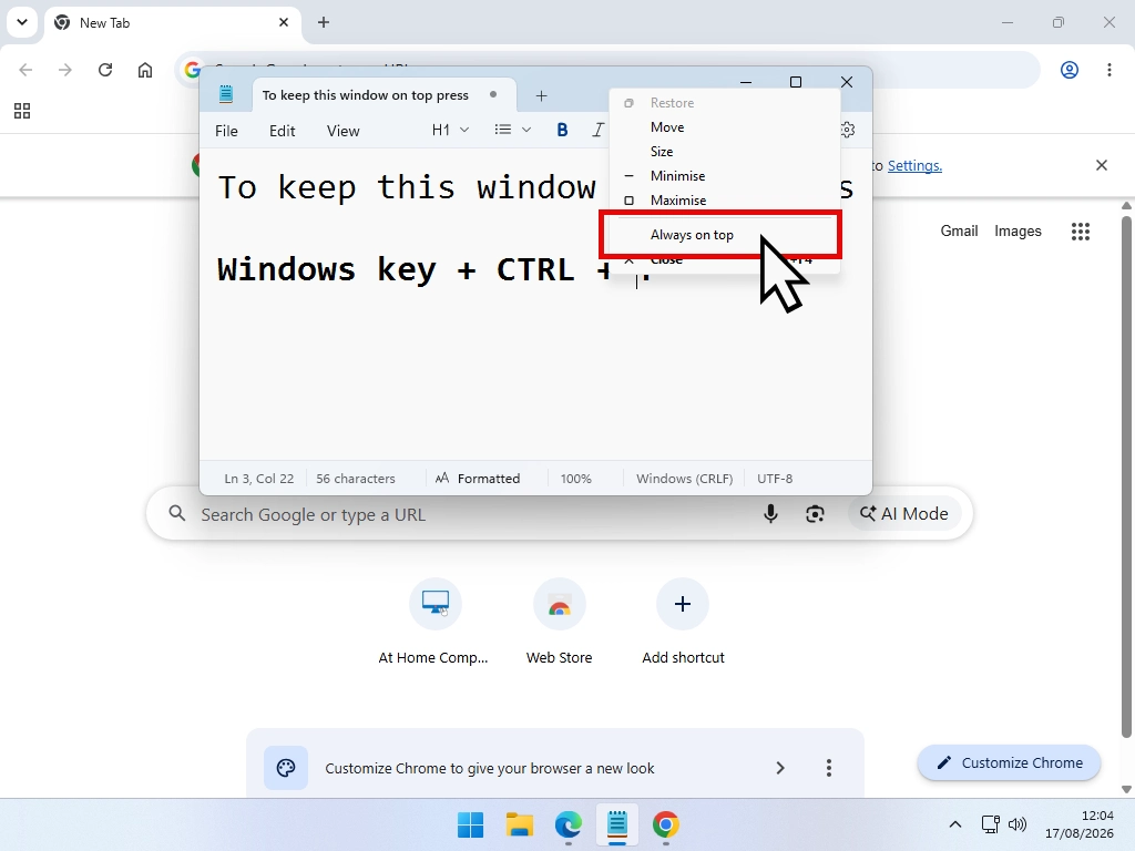 The Always on top option showing in the right click menu on a window title bar in Windows 11.