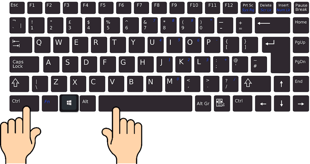 UK layout keyboard. CTRL key and Spacebar marked.