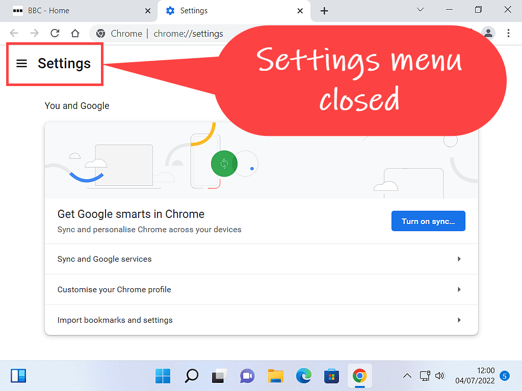 Google Chrome settings page with the menu closed.