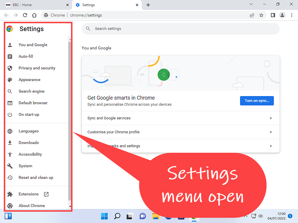 Google Chrome settings page with the menu open.