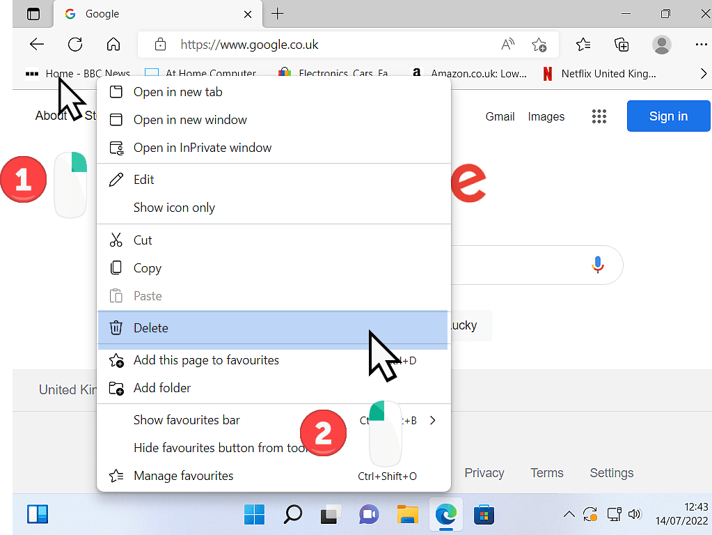 Options menu open in Microsoft Edge. Delete is highlighted.