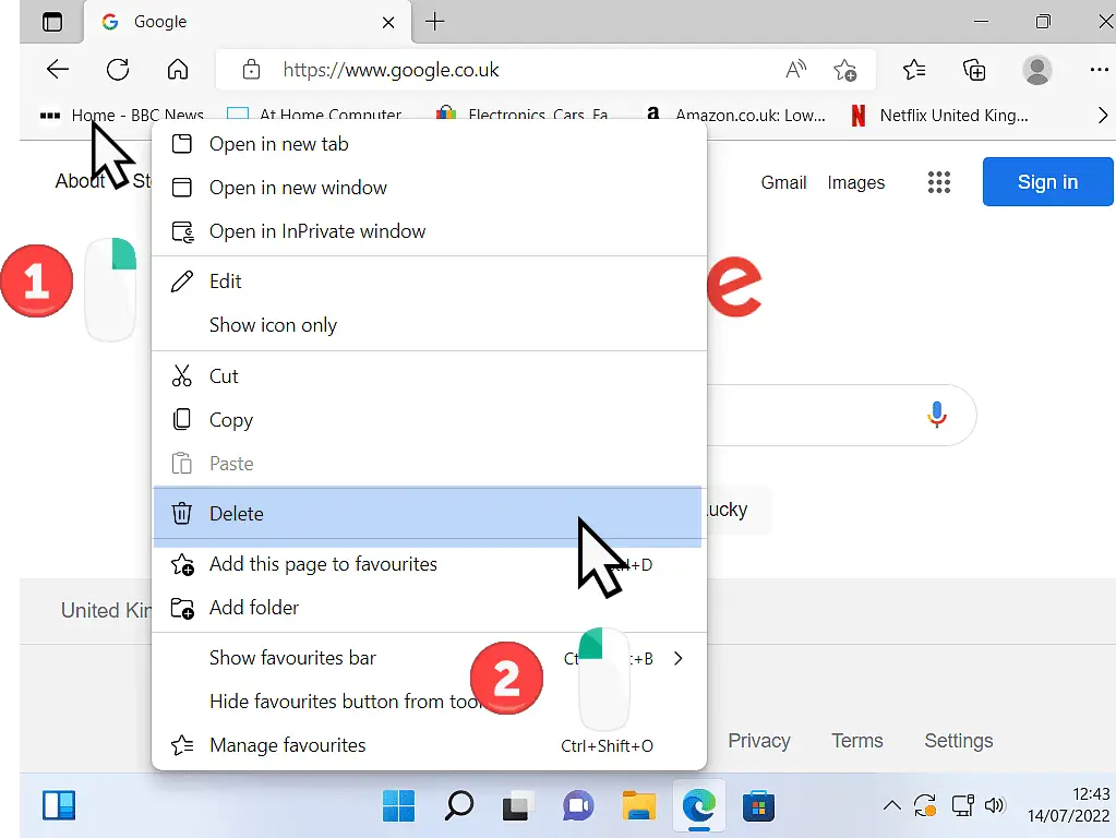 Options menu open in Microsoft Edge. Delete is highlighted.