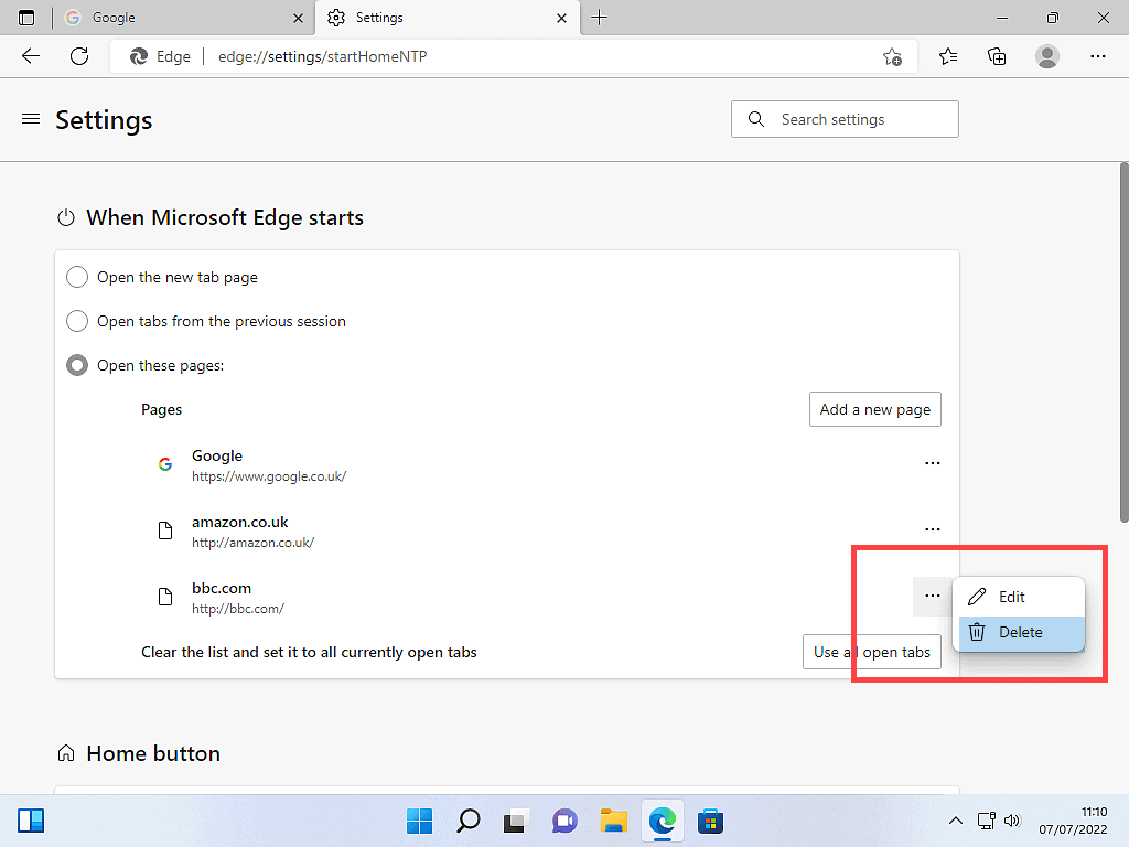 Deleting a start up page from Microsoft Edge.