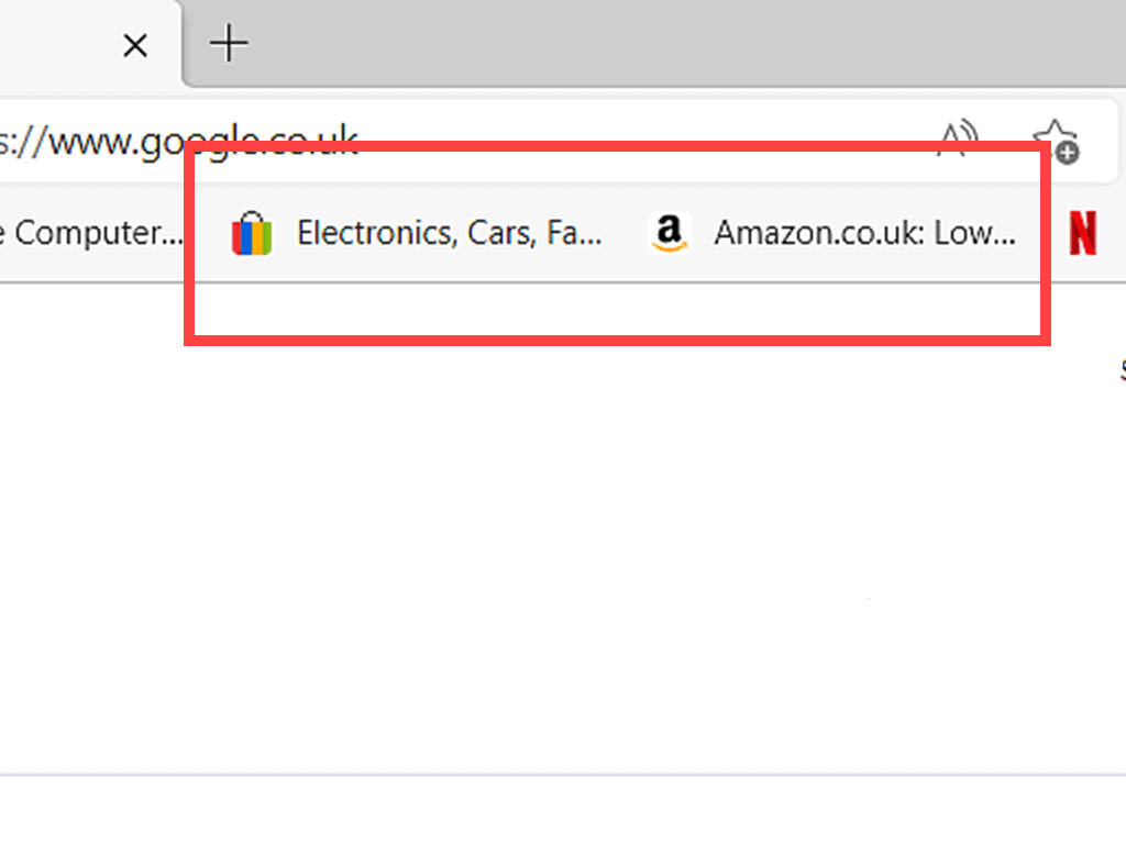 Ebay and Amazon are shown saved as Favourites on the Favourites Bar in Microsoft Edge.