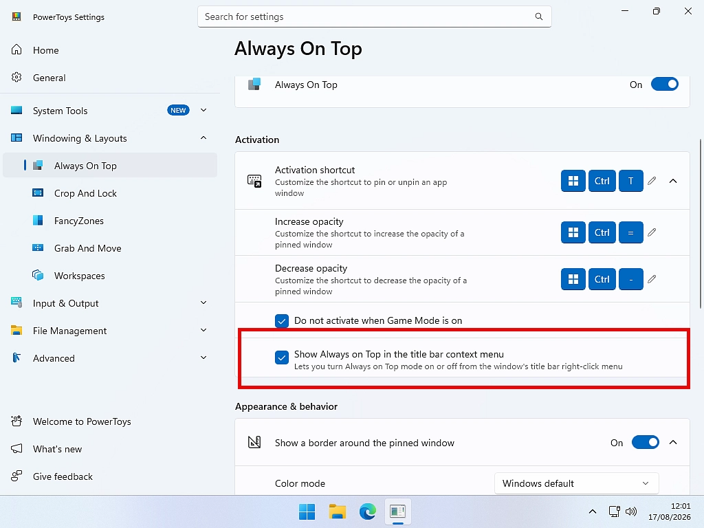 Turning on "Show Always on Top in the title bar context menu".