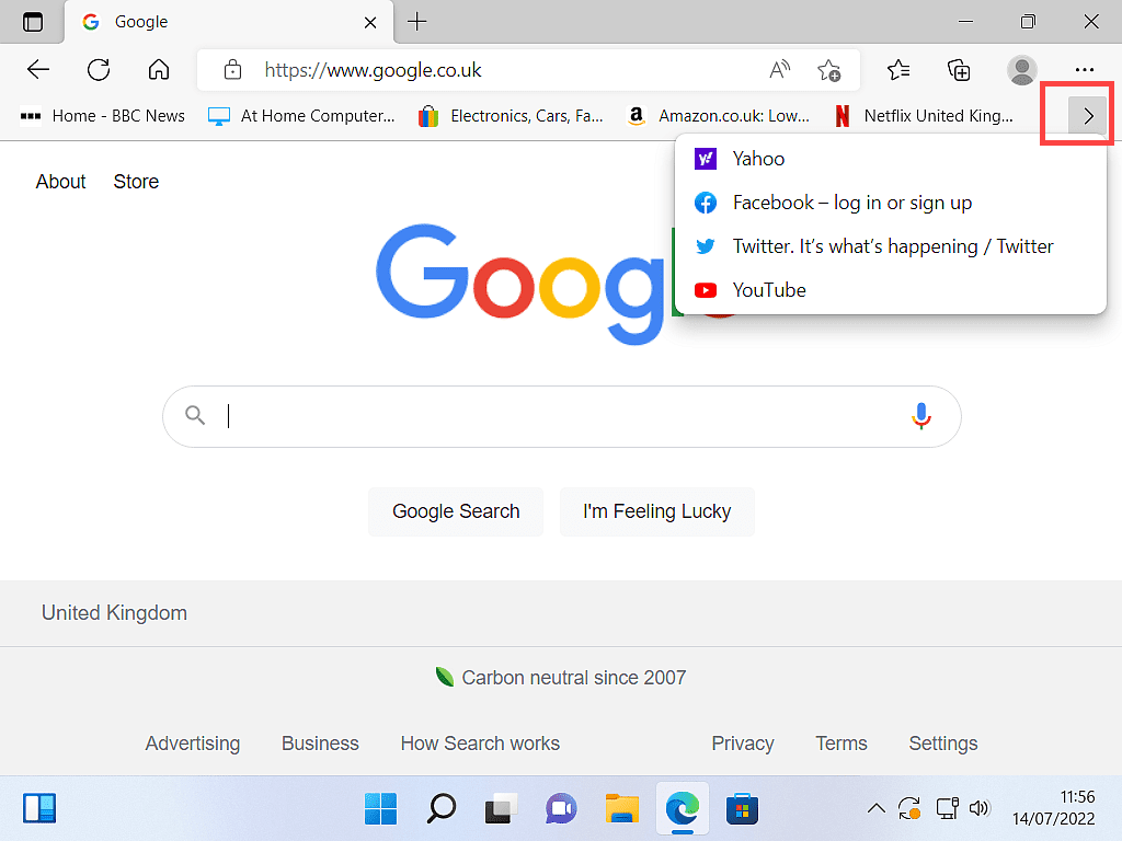 Hidden favourites button in MS Edge is marked.
