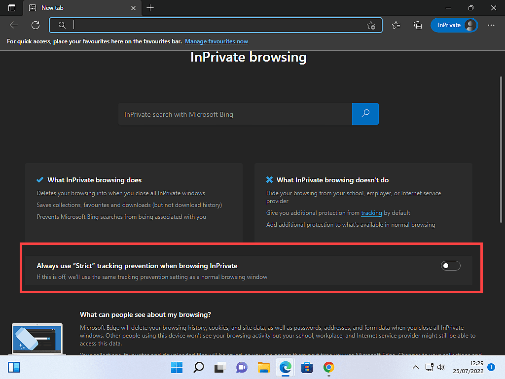 InPrivate browsing window in Edge. Strict tracking prevention option is marked.