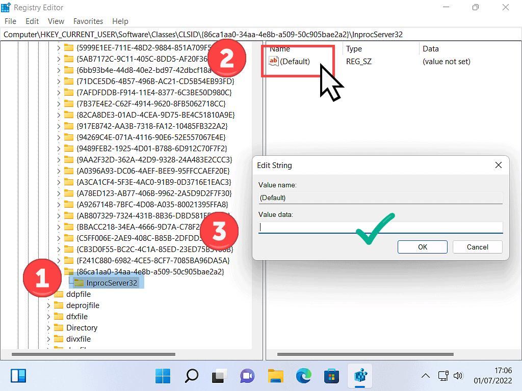 InprocServer32 key selected. Default marked. And value Data box shown to be empty.