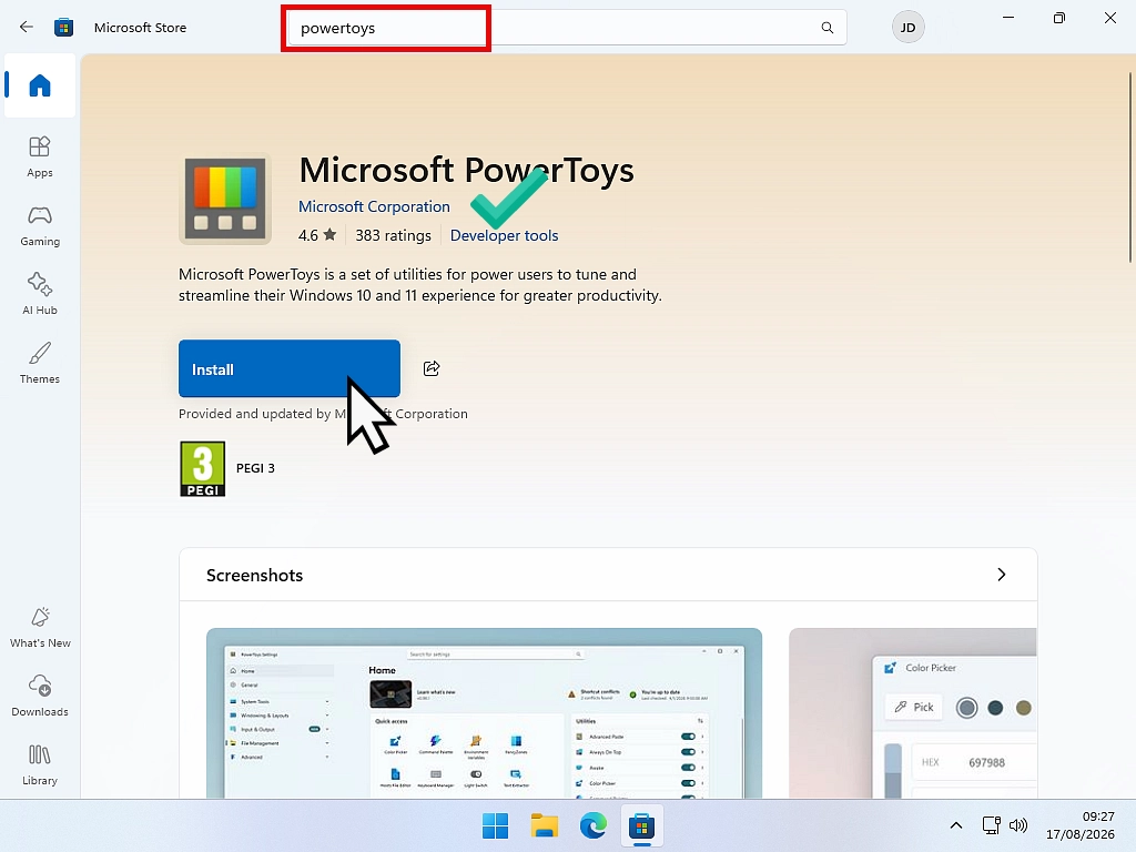 Installing Microsoft PowerToys free from the Microsoft Store on Windows 11.