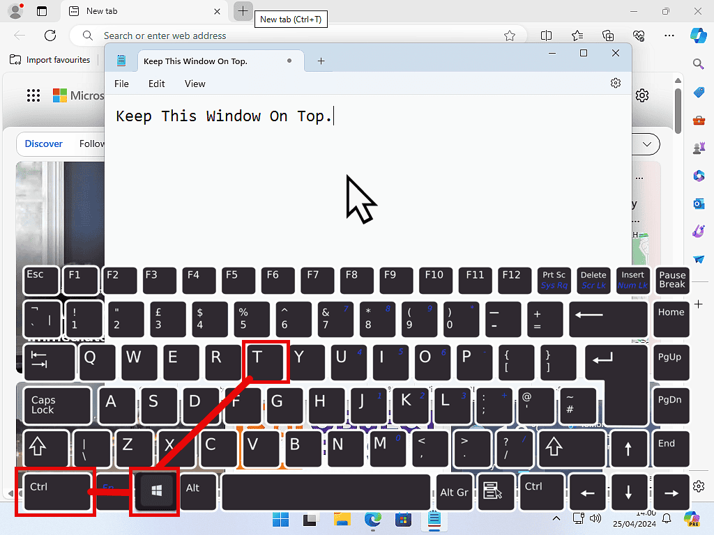 A program window is being selected and a keyboard has the Windows-CTRL-T keys marked. 