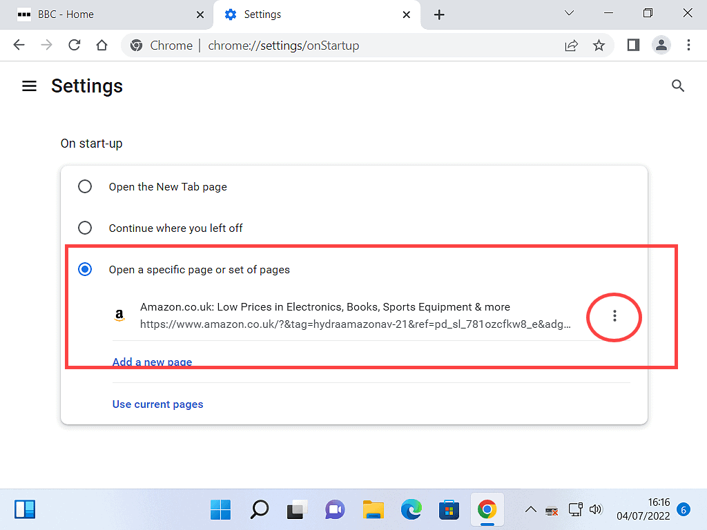 More actions button (3 dots) indicated in Google Chrome start up page settings