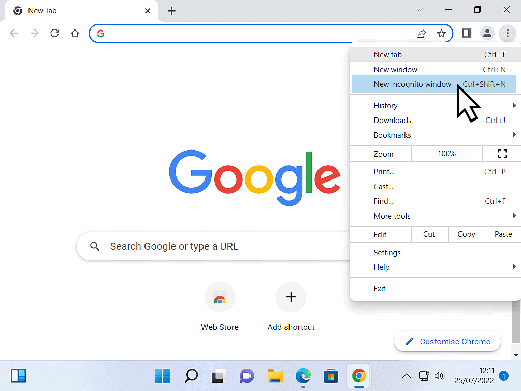 New Incognito window option is highlighted in Google Chrome.
